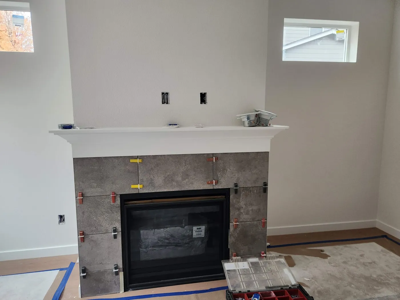 Tile fireplace surround and mantel