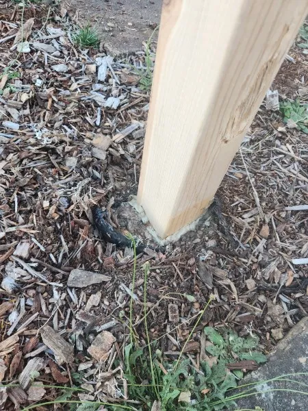 New cedar mailbox post sealed at its base